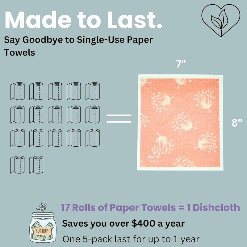 Harps&Seb Swedish Dishcloths for Kitchen Dish Towels - 5 Pack, Non-Scratch Reusable Paper Towels, Super Absorbent Washable Swedish Dish Cloths, No Odor, Biodegradable, Leaf Design - Image 5